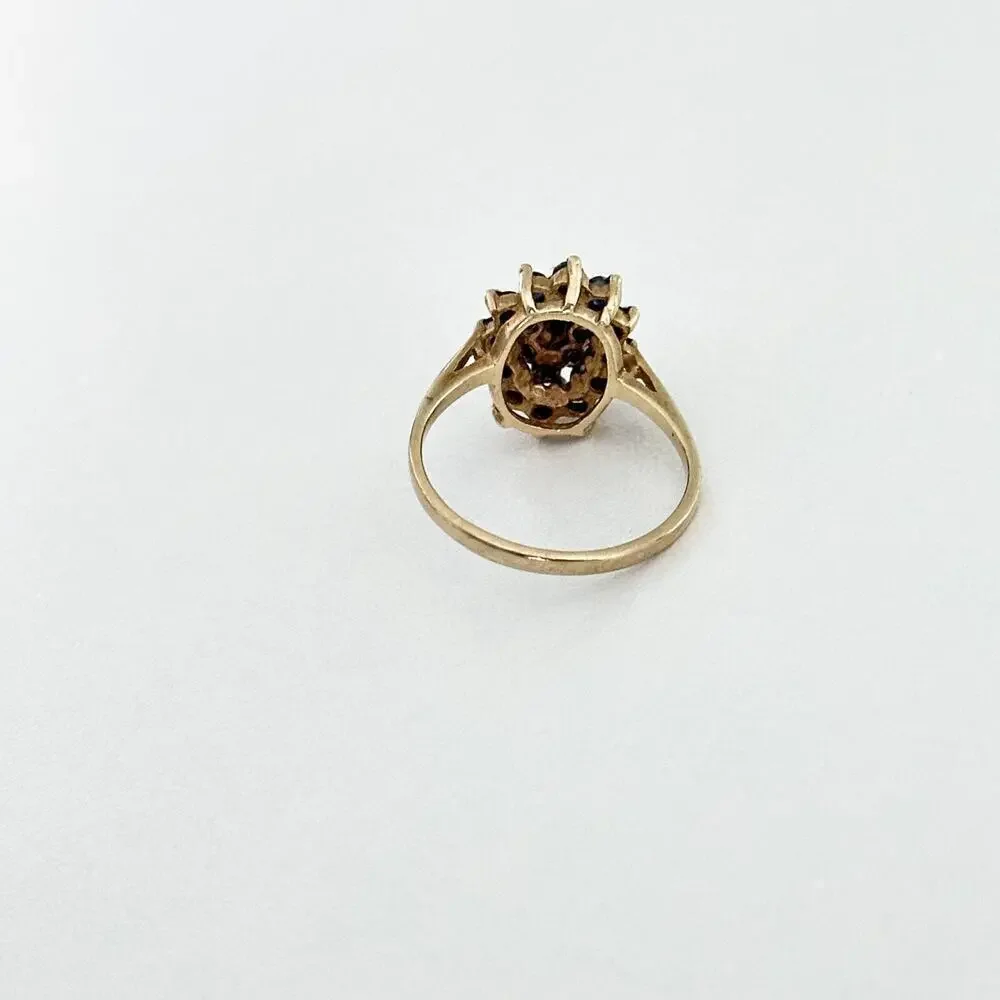 Vintage 10K Yellow Gold Sapphire & Diamond Halo Cluster Ladies Band Ring Size 6